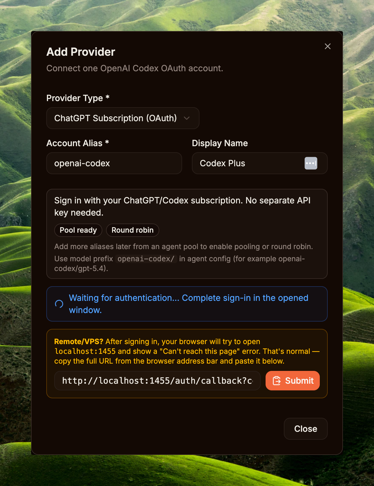 Modal Add Provider với ChatGPT Subscription OAuth, account alias openai-codex, trạng thái waiting for authentication và ô paste callback URL cho remote/VPS.