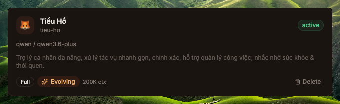 Card agent 'Tiểu Hổ' (handle tieu-ho), provider qwen / qwen3.6-plus, badge active, mô tả 'Trợ lý cá nhân đa năng, xử lý tác vụ nhanh gọn, chính xác, hỗ trợ quản lý công việc, nhắc nhở sức khỏe & thói quen', kèm badges Full + Evolving và context window 200K ctx.