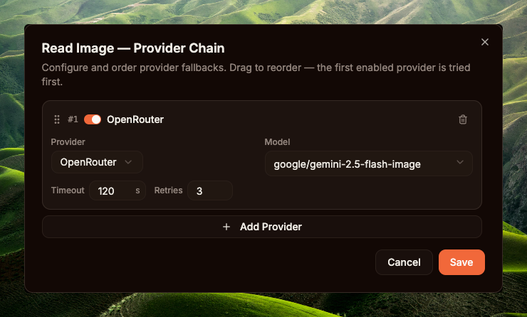 Modal 'Read Image — Provider Chain' với entry #1 OpenRouter enabled, Provider dropdown chọn OpenRouter, Model 'google/gemini-2.5-flash-image', Timeout 120s, Retries 3, nút Add Provider phía dưới và Cancel/Save.