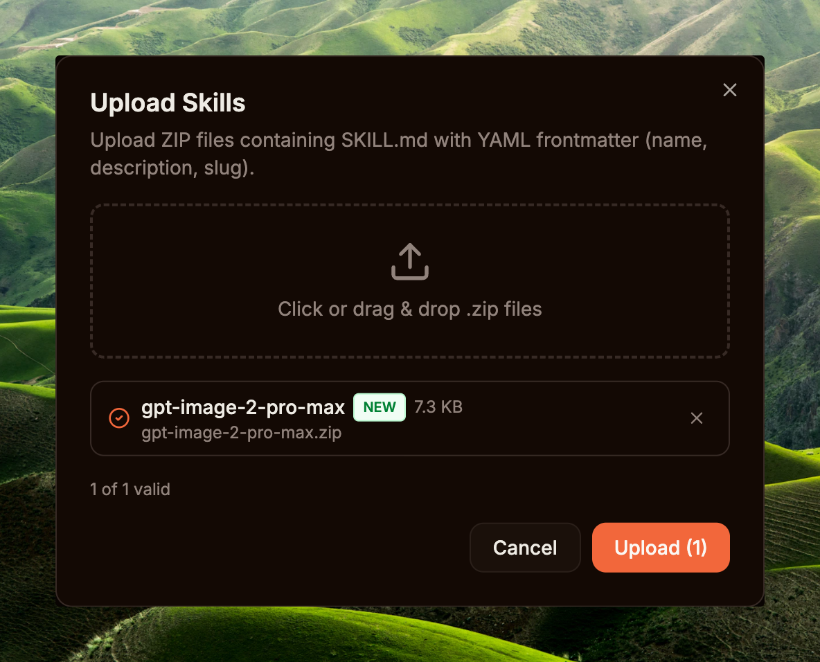 Modal Upload Skills hướng dẫn upload ZIP có SKILL.md với YAML frontmatter (name, description, slug); drop zone, file gpt-image-2-pro-max.zip 7.3 KB hiện badge NEW, status '1 of 1 valid', nút Upload (1).